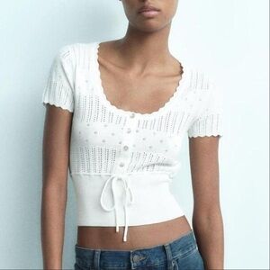 Zara White Cropped Ribbed Blouse